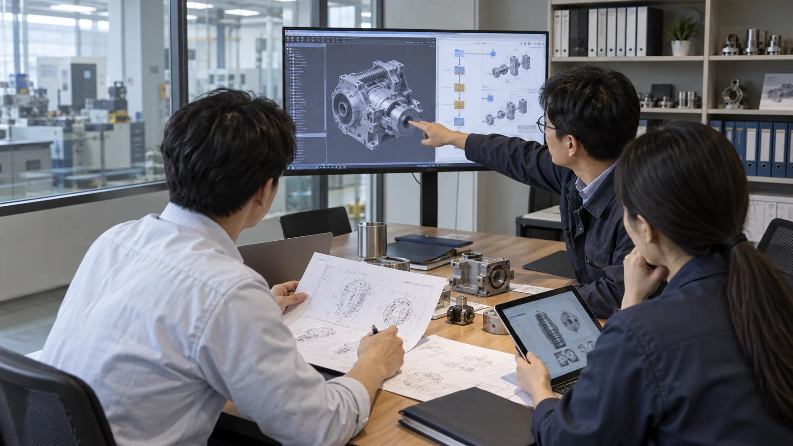 제조업 설계·개발 조직이 3D CAD 도면을 함께 검토하는 모습