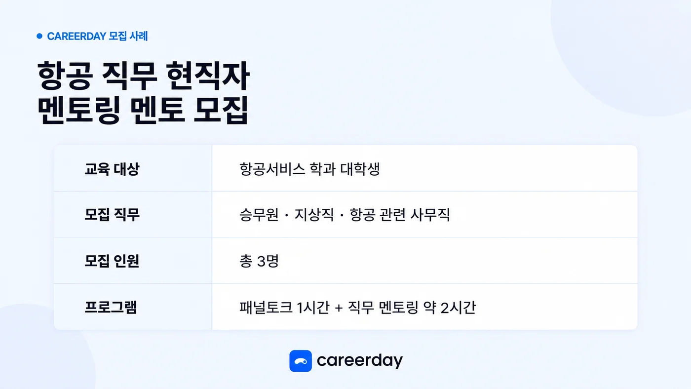 오산시 항공 직무 현직자 멘토링 멘토 모집 조건: 교육 대상, 모집 직무, 인원, 프로그램 구성